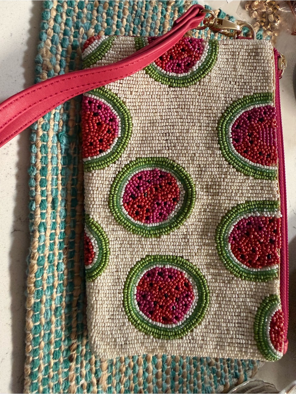 Chico's viral bag. Beaded Watermelon Wristlet - Pink, Green, Cream